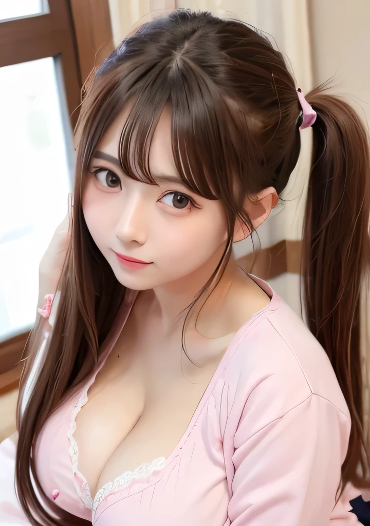 Highest quality、Cleavage、Big Breasts、Pink pajamas、Twin tails、Brown Hair