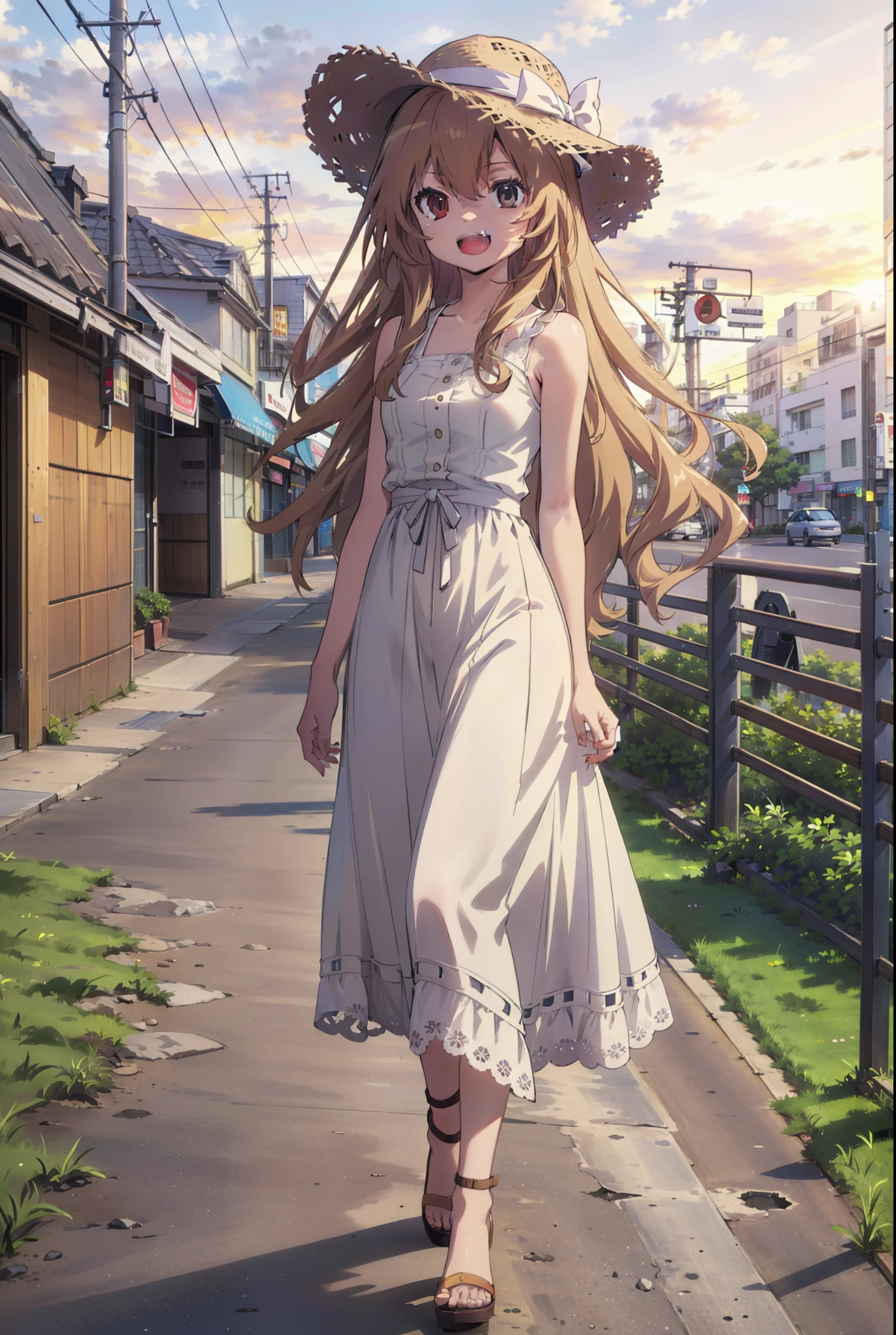 Aisaka Taiga, Aisaka Taiga, Long Hair, Brown Hair, Brown eyes,happy smile,smile, Open your mouth,Straw hat,White sleeveless dress,Long skirt,Heeled Sandals,evening,sunset,The sun is setting,whole bodyがイラストに入るように,Walking, break looking at viewer, whole body,
break outdoors,Coastal Road,In town,
break (masterpiece:1.2), Highest quality, High resolution, unity 8k wallpaper, (shape:0.8), (Beautiful attention to detail:1.6), Highly detailed face, Perfect lighting, Extremely detailed CG, (Perfect hands, Perfect Anatomy),