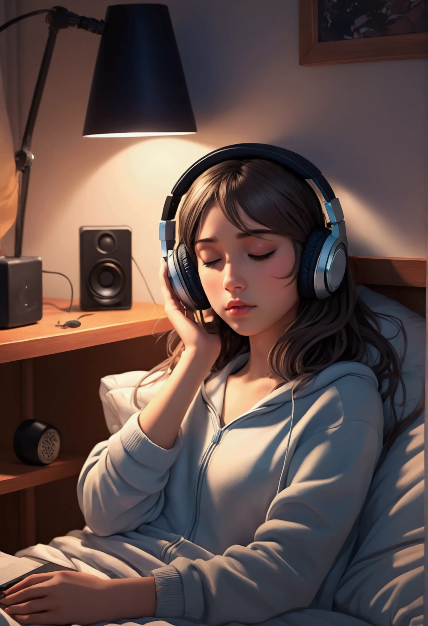 Girl listening to music and sleeping in cozy room at night, Using headphones, 2D style anime, Low Fidelity, Very detailed, harddisk