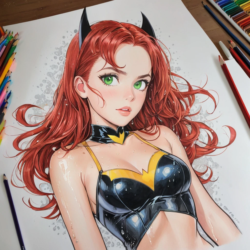 batgirl,short wet transparent camisole,red hair and green eyes, white,accurate perfect hands, Art,ad,colour pencil drawing,draft drawing ,comic collage,illustration
