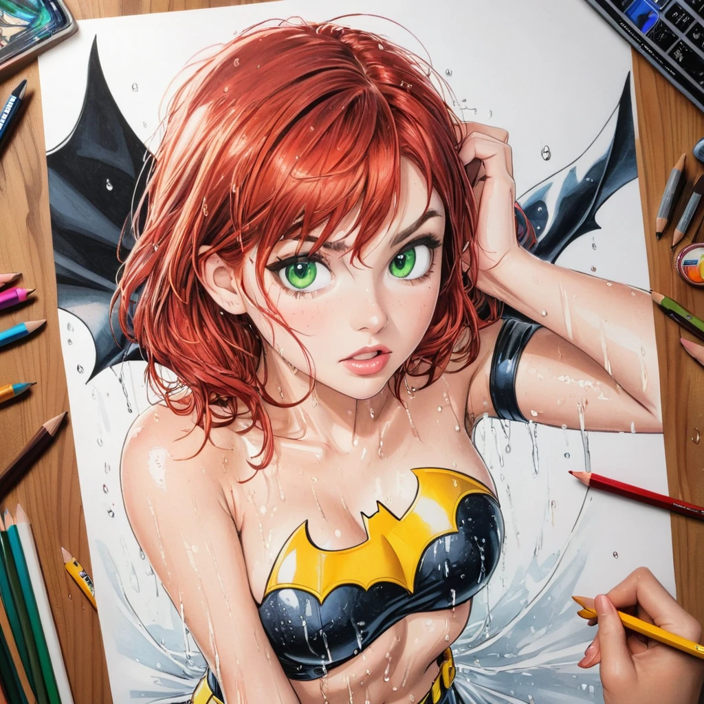 batgirl，short wet transparent camisole，red hair and green eyes, white，accurate perfect hands, Art，ad，colour pencil drawing，draft drawing ，comic collage，illustration