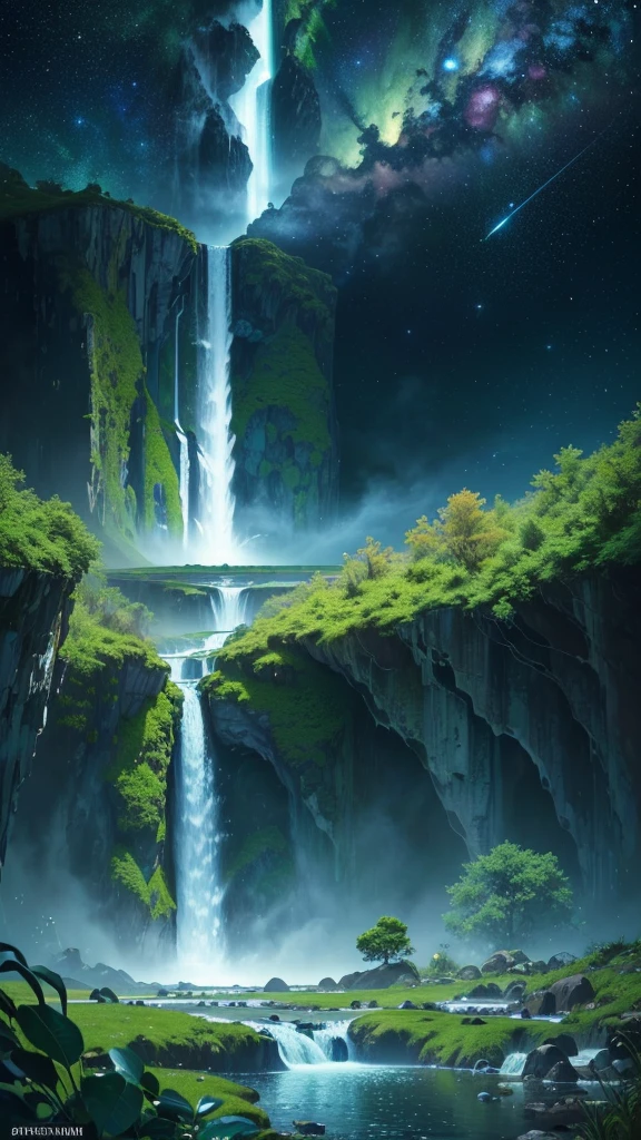 Hyper realistic 8k, ultra detailed, (Best Quality digital illustration Masterpiece of planet Earth in outer space), ((No Man)) (Beautiful planet Earth Illustration), (vivid Green nature and vegetation), (flowering plants), ((waterfall)), (Bright Stars), (Hyperdetail, Dynamic Camera), (Wide Angle), (Celestial Lighting), (Vivid Colors and Saturation), (trending on artstation,