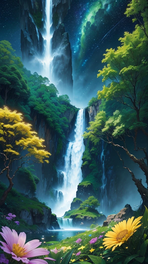 Hyper realistic 8k, ultra detailed, (Best Quality digital illustration Masterpiece of planet Earth in outer space), ((No Man)) (Beautiful planet Earth Illustration), (vivid Green nature and vegetation), (flowering plants), ((waterfall)), (Bright Stars), (Hyperdetail, Dynamic Camera), (Wide Angle), (Celestial Lighting), (Vivid Colors and Saturation), (trending on artstation,