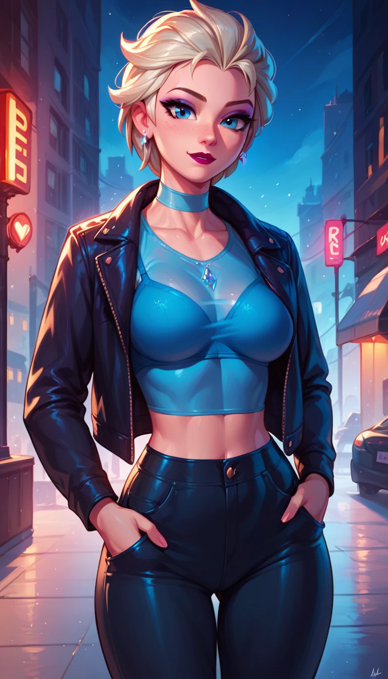 score_9, score_8_up, score_7_up, score_6_up, elsa, short hair, blue bra, black skin tight trousers with pockets, cowboy shot, cinematic lighting,, looking at viewer, city background