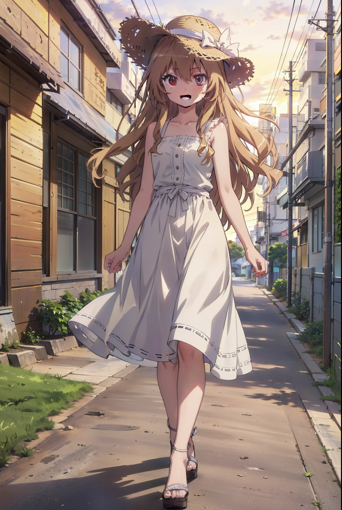 Aisaka Taiga, Aisaka Taiga, Long Hair, Brown Hair, Brown eyes,happy smile,smile, Open your mouth,Straw hat,White sleeveless dress,Long skirt,Heeled Sandals,evening,sunset,The sun is setting,whole bodyがイラストに入るように,Walking, break looking at viewer, whole body,
break outdoors,Coastal Road,In town,
break (masterpiece:1.2), Highest quality, High resolution, unity 8k wallpaper, (shape:0.8), (Beautiful attention to detail:1.6), Highly detailed face, Perfect lighting, Extremely detailed CG, (Perfect hands, Perfect Anatomy),
