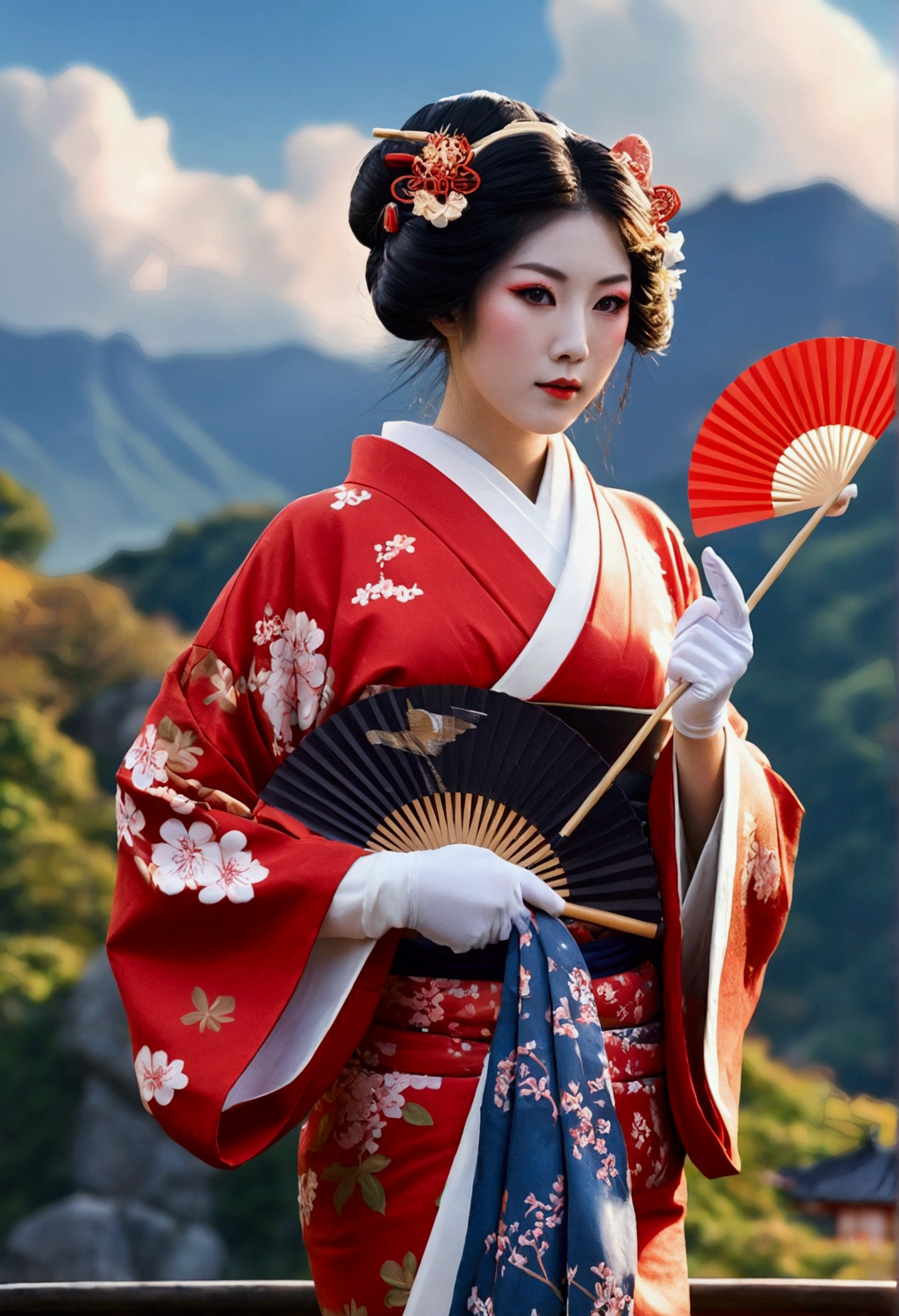 super huge mountain、The Alps、Nice views、Wonderful nature、Fantasy、Huge waterfall、High resolution、Highest quality、Masterpiece, Highest quality,One girl, Long Hair, hair bow, , alone, hair band, bird, Black Hair, Short sleeve, gloves, sash, pants, bangs, red hair band, arms, chest, Brown eyes, colorful kimono, Confused, A light smile, Official Art, Good composition, Official pose, detailed Portraiture, Portraiture, bokeh, Clouds and mountains background, warrior,, High resolution, Dramatic lighting and shadows, Solar flare, Blurred foreground 24k,High quality masterpiece, landscape, cloud, Bright starry sky. Traveler, Romantic Light, sexy pose , Concept Art, Lofi Art Style, reflection. Roffie Art, Beautiful , Detailed landscape — width 672, Enhanced Details. change, Leprechaun,A woman in a kimono holding a folding fan and a uchiwa fan, Traditional Japanese, Japanese style, Japanese Goddess, glamorous and sexy geisha, Traditional beauty, in kimono, geisha, beauty geisha, Inspired by , traditional geisha clothing, geisha makeup, organic seductive geisha, geisha make up