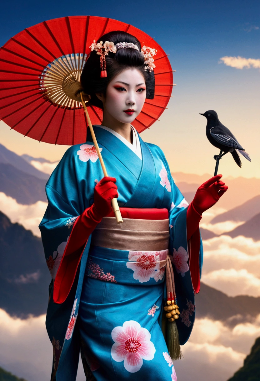 super huge mountain、The Alps、Nice views、Wonderful nature、Fantasy、Huge waterfall、High resolution、Highest quality、Masterpiece, Highest quality,One girl, Long Hair, hair bow, , alone, hair band, bird, Black Hair, Short sleeve, gloves, sash, pants, bangs, red hair band, arms, chest, Brown eyes, colorful kimono, Confused, A light smile, Official Art, Good composition, Official pose, detailed Portraiture, Portraiture, bokeh, Clouds and mountains background, warrior,, High resolution, Dramatic lighting and shadows, Solar flare, Blurred foreground 24k,High quality masterpiece, landscape, cloud, Bright starry sky. Traveler, Romantic Light, sexy pose , Concept Art, Lofi Art Style, reflection. Roffie Art, Beautiful , Detailed landscape — width 672, Enhanced Details. change, Leprechaun,A woman in a kimono holding a folding fan and a uchiwa fan, Traditional Japanese, Japanese style, Japanese Goddess, glamorous and sexy geisha, Traditional beauty, in kimono, geisha, beauty geisha, Inspired by , traditional geisha clothing, geisha makeup, organic seductive geisha, geisha make up