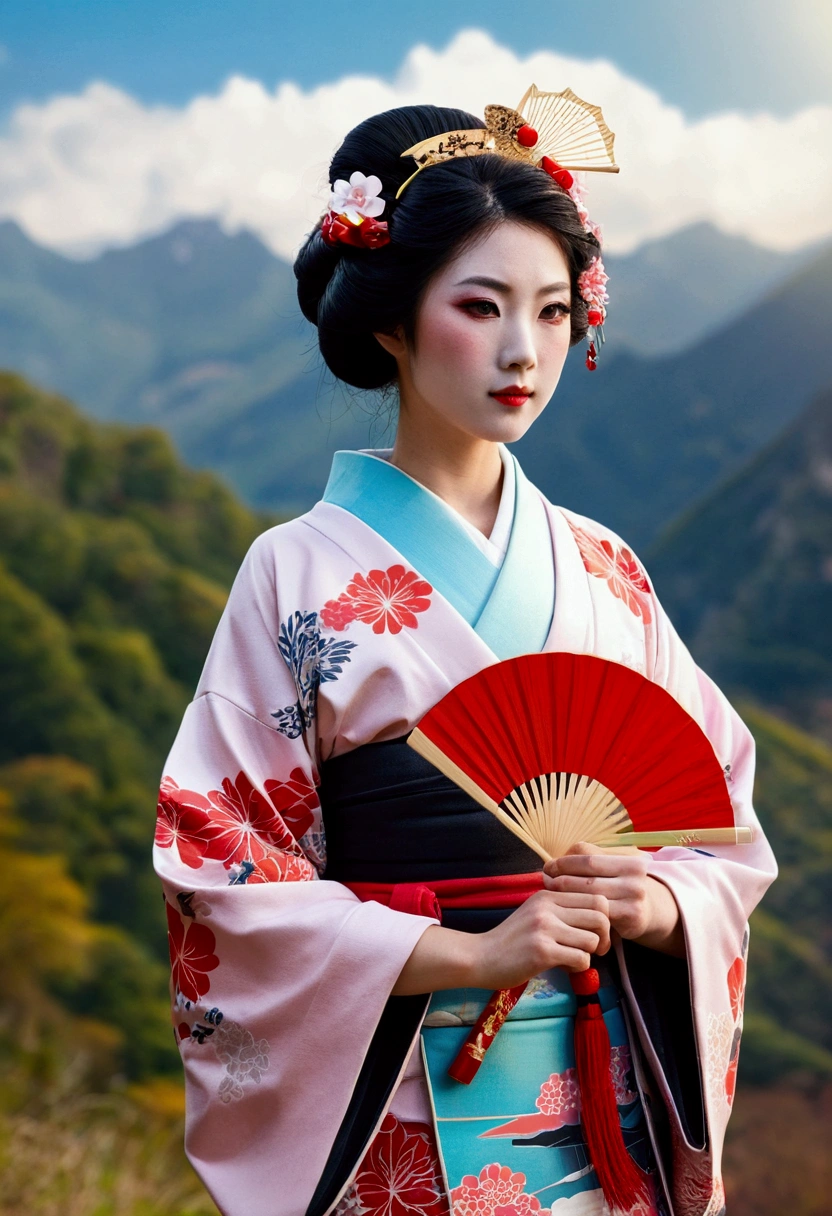 super huge mountain、The Alps、Nice views、Wonderful nature、Fantasy、Huge waterfall、High resolution、Highest quality、Masterpiece, Highest quality,One girl, Long Hair, hair bow, , alone, hair band, bird, Black Hair, Short sleeve, gloves, sash, pants, bangs, red hair band, arms, chest, Brown eyes, colorful kimono, Confused, A light smile, Official Art, Good composition, Official pose, detailed Portraiture, Portraiture, bokeh, Clouds and mountains background, warrior,, High resolution, Dramatic lighting and shadows, Solar flare, Blurred foreground 24k,High quality masterpiece, landscape, cloud, Bright starry sky. Traveler, Romantic Light, sexy pose , Concept Art, Lofi Art Style, reflection. Roffie Art, Beautiful , Detailed landscape — width 672, Enhanced Details. change, Leprechaun,A woman in a kimono holding a folding fan and a uchiwa fan, Traditional Japanese, Japanese style, Japanese Goddess, glamorous and sexy geisha, Traditional beauty, in kimono, geisha, beauty geisha, Inspired by , traditional geisha clothing, geisha makeup, organic seductive geisha, geisha make up