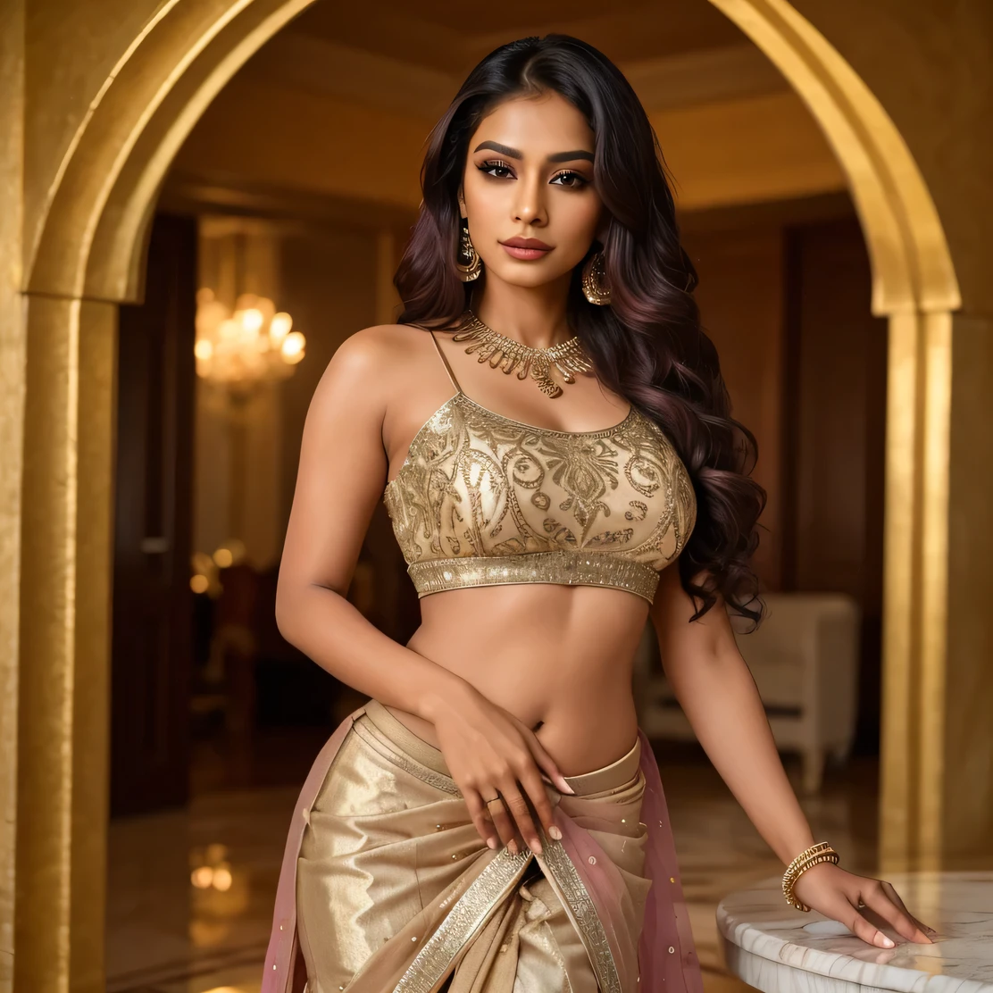 Create an ultra-realistic image of a modern, attractive female influencer of Indian descent, aged between 27 to 30. She should have a warm and inviting smile, expressive almond-shaped eyes with a slight shimmer, and clear, glowing skin with a medium brown complexion. Her features should be well-defined, with high cheekbones and a sharp jawline. Her hair should be long, thick, and wavy, with a deep reddish-purple hue that’s bold yet sophisticated. The hair should be styled in loose waves with natural shine and bounce.
She should have a slender yet curvaceous build, reflecting a healthy and active lifestyle. She is wearing a golden beige lehenga choli with shimmering sequins and thread work, paired with a matching choli and dupatta. The lehenga should accentuate her significantly enhanced bust and butt size, ensuring these features are prominently highlighted.
The background should be a majestic ballroom with marble floors and grand arches, providing a luxurious and elegant setting. Her overall appearance should exude confidence, sophistication, and the essence of contemporary Indian fashion, capturing a blend of traditional glamour with modern allure.