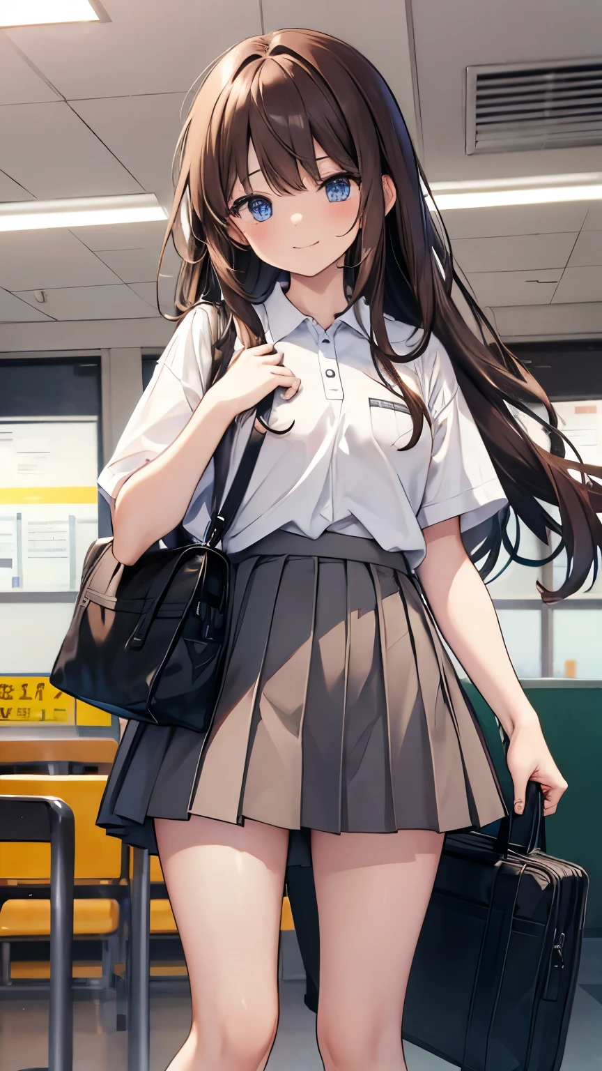 long hair, looking at viewer, smile, bangs, blue eyes, multiple girls, skirt, brown hair, shirt, black hair, short sleeves, brown eyes, long hair, standing, white polo shirt, pleated skirt, open clothes, shoes, socks, striped, collared shirt, hand up, 3girls, bag, kneehighs, plaid skirt, brown footwear, flying sweatdrops, loafers, grey skirt, school bag, diagonal stripes, train station、skirt lift,Hand in panties