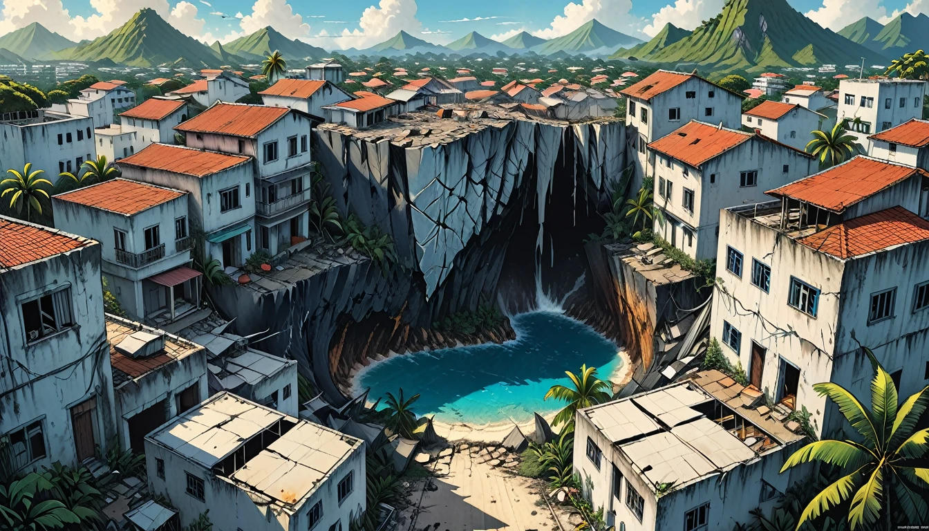 view from an airplane, splitting of the earth, earthquake, huge deep long dark crack in the middle of a tropical island, tropics, 
 destroyed white buildings,deep cracks, deep split,graphic style of novel comics, 2d, 8k, hyperrealism, masterpiece, high resolution, best quality, ultra-detailed, super realistic, Hyperrealistic art, high-quality, ultra high res, highest detailed, lot of details, Extremely high-resolution details, incredibly lifelike, colourful, soft cinematic light,