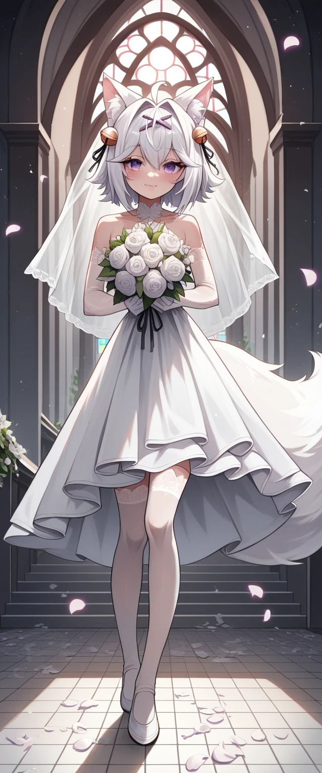 UHD, masterpiece, best quality, dramatic light, church, infront of the altar, 1girl, solo, Filian, fox tail, super small cat ears, white hair, short hair, ahoge, hairclip, hair bell, deep violet eyes, blush, happy smile, a-line wedding dress, white veil, white lace arm sleeves, white gloves, white lace stockings, white shoes with heals, slim arms, slim legs, Eye-Level Shot, holding bridal bouquet ,full body pose, innocent pose, raining flower petals, ((petals falling)