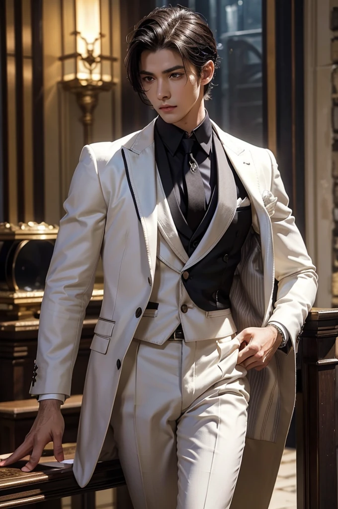 front view, male suit standing, gentleman, white suit, head to leg, Handsome man, fantasy cloth, short black hair, Intricate details, elegant design, ornate cosplay, hyper realistic face, muscle abs, thick thighs, slim waist, hourglass shape, reply, realistic body, gentleman, character,Photogenic details on the cloth, Intricate cloth details