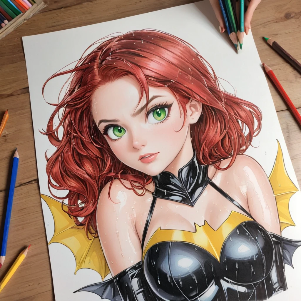 batgirl,short wet transparent camisole,red hair and green eyes, white,accurate perfect hands, Art,ad,colour pencil drawing,draft drawing ,comic collage,illustration
