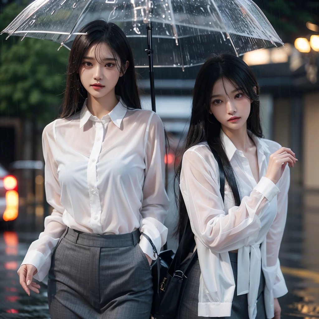 skirt、Hair getting wet in the rain、Transparent shirt、Beautiful woman getting wet in the rain、typhoon、Get wet without an umbrella、Beautiful woman in the rain、雨で濡れたBeautyOL、Detailed face、Realistic、beautiful girl、Beauty、Office Lady Uniform、beauty、Beautiful woman、Narrow waist、Handsome woman、Tight pants look、suit、Sexy pose、タイトなsuitパンツ、雨で濡れたsuit、Wet shirt、See-through shirt、Shot in heavy rain、See-through underwear