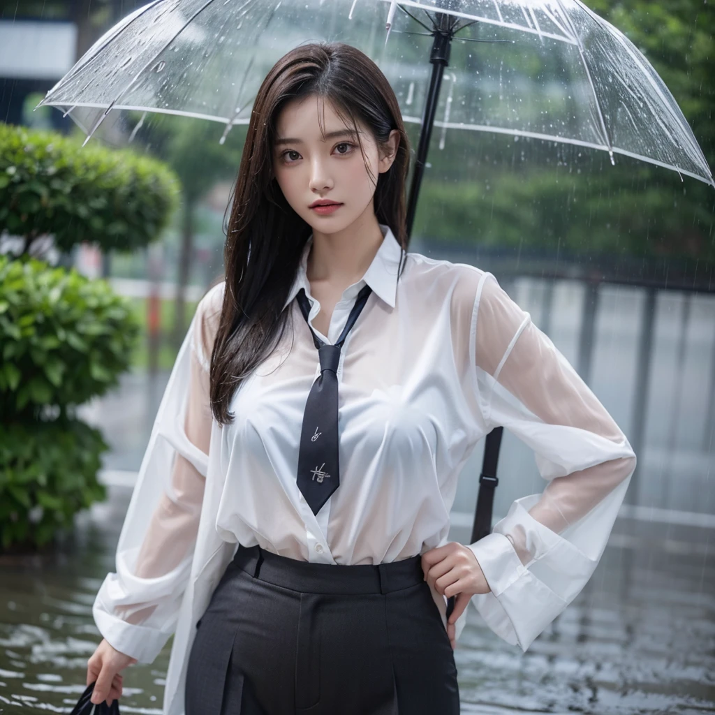 Hair getting wet in the rain、Transparent shirt、Beautiful woman getting wet in the rain、typhoon、Get wet without an umbrella、Beautiful woman in the rain、雨で濡れたBeautyOL、Detailed face、Realistic、beautiful girl、Beauty、Office Lady Uniform、beauty、Beautiful woman、Narrow waist、Handsome woman、Tight pants look、suit、Sexy pose、タイトなsuitパンツ、雨で濡れたsuit、Wet shirt、See-through shirt、Shot in heavy rain、See-through underwear