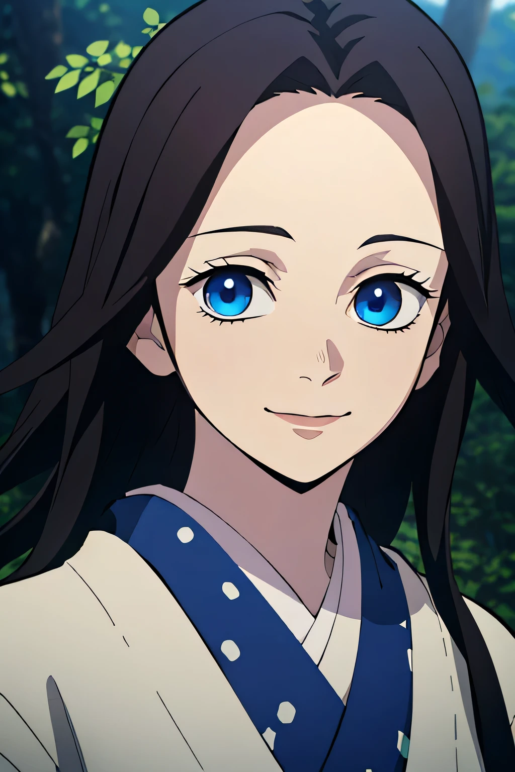 (best quality,4k,8k,highres,masterpiece:1.2),ultra-detailed,(realistic,photorealistic,photo-realistic:1.37),19 year old woman,extremely long flowing brown hair,bright blue eyes,gazing at viewer,forest,trees,vegetation,close-up,solo,harmonious color palette,elegant,slightly happy expression,simple kimono,kimetsu no yaiba style,kimetsu no yaiba colors,detailed