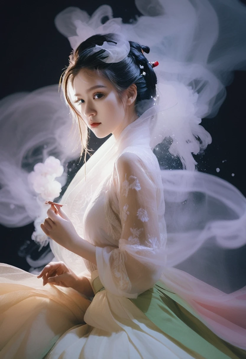 Double exposure style,Volumetric Lighting,Girl in tulle skirt,Head tilt,Traditional clothing,Artistic calligraphy and ink,light depth,Dramatic atmospheric lighting,Volumetric Lighting,Ghosting effect,Image combination,Double exposure style