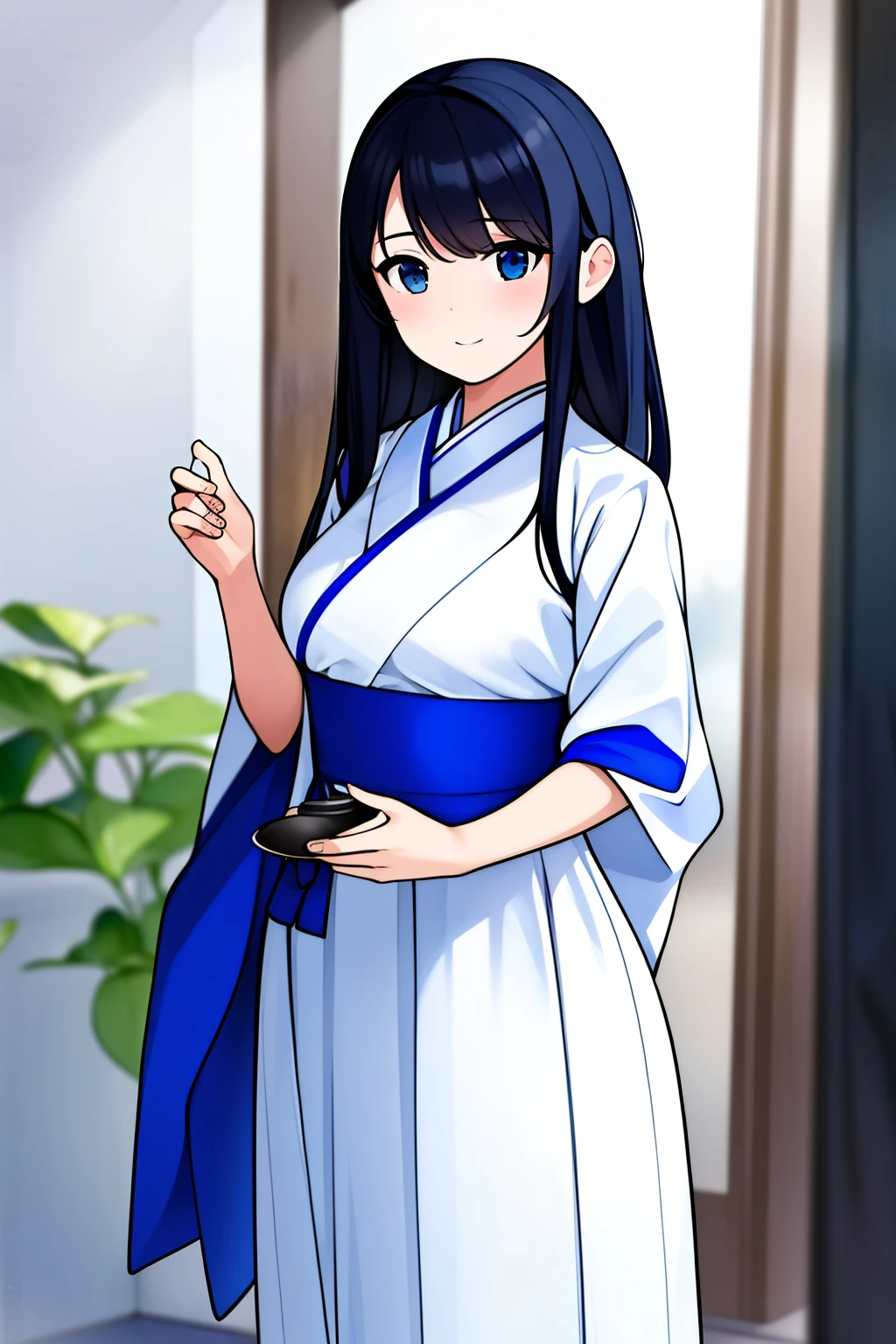 ( Ink Painting), A girl, (Blue and white Hanfu), White ground, ( Bokeh, Out of Focus, 柔和的light, light, Divine Light, Ultra HD)