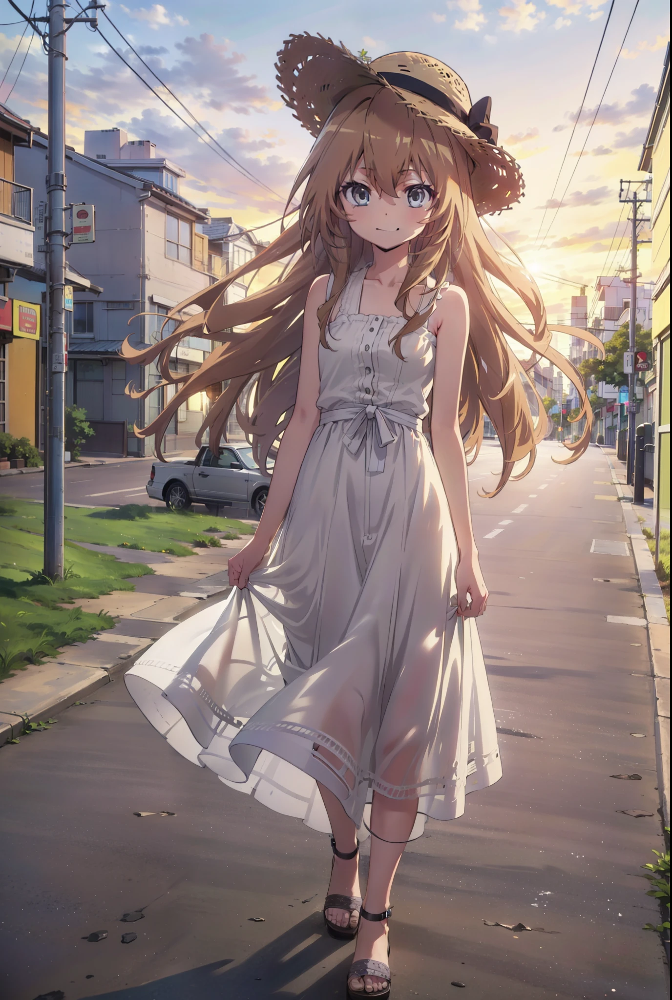 Aisaka Taiga, Aisaka Taiga, Long Hair, Brown Hair, Brown eyes,happy smile,smile, Close your mouth,Straw hat,White sleeveless dress,Long skirt,Heeled Sandals,evening,sunset,The sun is setting,whole bodyがイラストに入るように,Walking,　　　　　　　　　　　　  　　　　　break looking at viewer, whole body,　　　　　
break outdoors,Coastal Road,In town,
break (masterpiece:1.2), Highest quality, High resolution, unity 8k wallpaper, (shape:0.8), (Beautiful attention to detail:1.6), Highly detailed face, Perfect lighting, Extremely detailed CG, (Perfect hands, Perfect Anatomy),