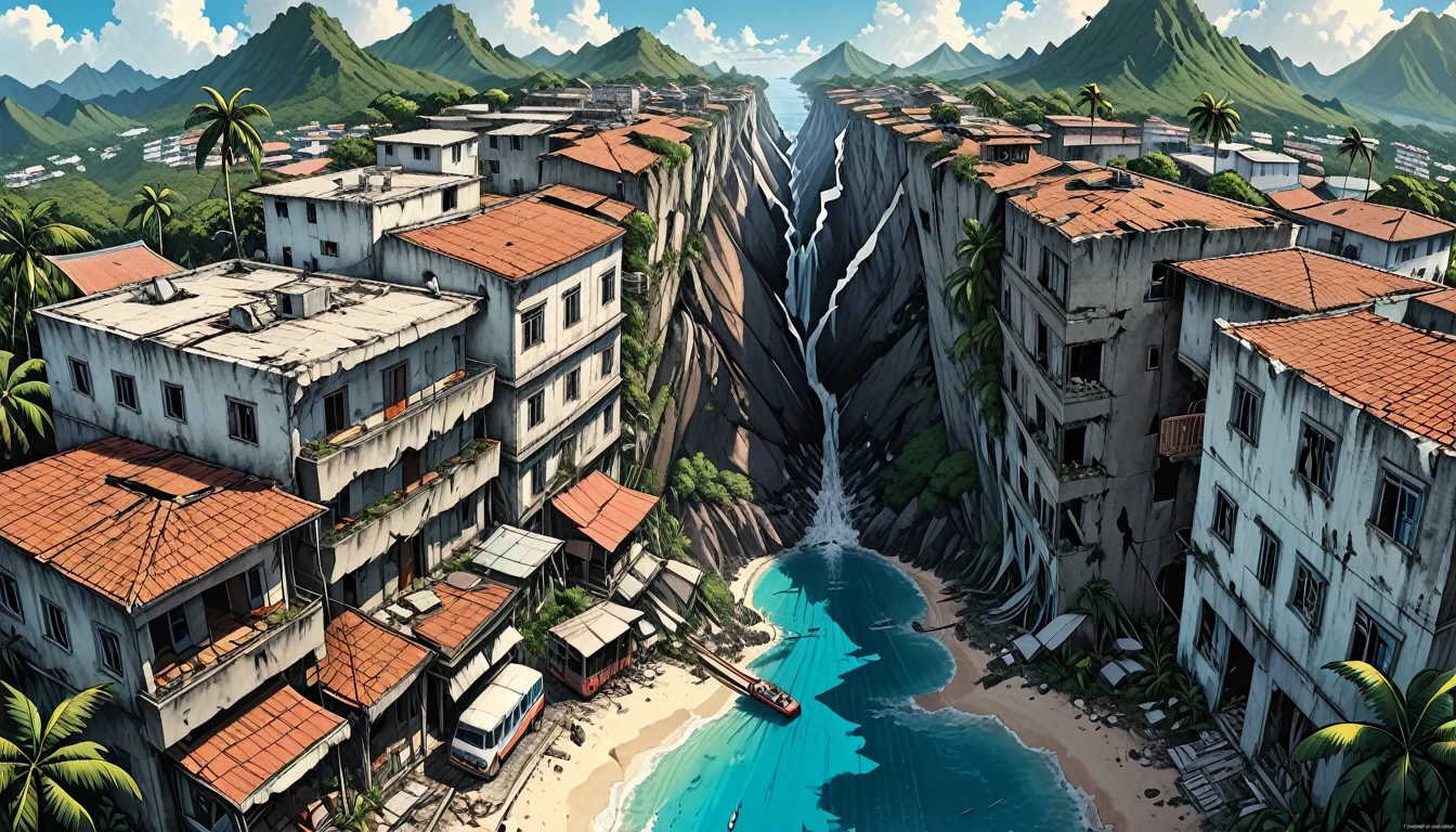 view from an airplane, splitting of the earth, earthquake, huge deep long dark crack in the middle of a tropical island, tropics,
destroyed white buildings,deep cracks, deep split,graphic style of novel comics, 2d, 8k, hyperrealism, masterpiece, high resolution, best quality, ultra-detailed, super realistic, Hyperrealistic art, high-quality, ultra high res, highest detailed, lot of details, Extremely high-resolution details, incredibly lifelike, colourful, soft cinematic light,