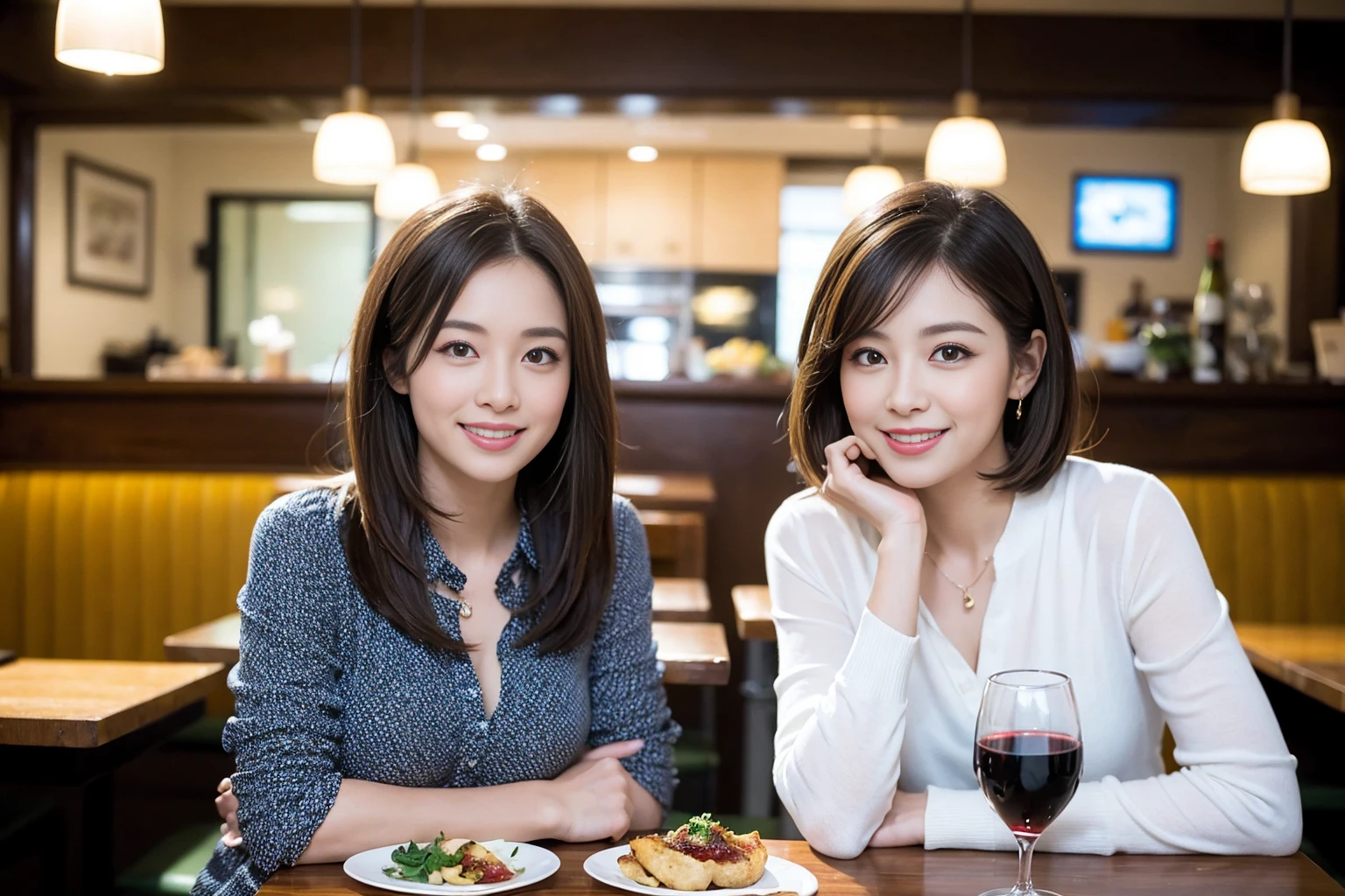 ((Highest quality、8k、masterpiece:1.3))、1 male、1 female、spouse、Beautiful couple、Japanese couple、smile、 (Slim face), (The body is スリム), (Brown Hair), (Shortcuts), ((Bob Hale、Straight hair:1.2)), テーブルの上のwine glass、Please shine a light on my face、 Amazing view of the sunset sky and clouds、Amazing mountain views、smileの美しさ、Bright image、blush, Shortcuts,Bright Face、36 years old), 39 years old, red wine 、Appetizers、Italian food、Wine bottle、Champagne、sparkling wine、Long sleeve shirt、dress、Attractive beauty、restaurant, Nova Frog Style, actress, model, Upper Body, White wine, red wine, wine glass,