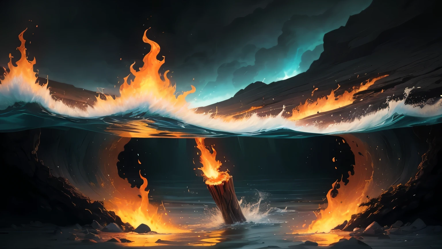((best quality)), ((masterpiece)), (detailed), A digital illustration of a wooden stick floating in a sea full of lava with a fiery background