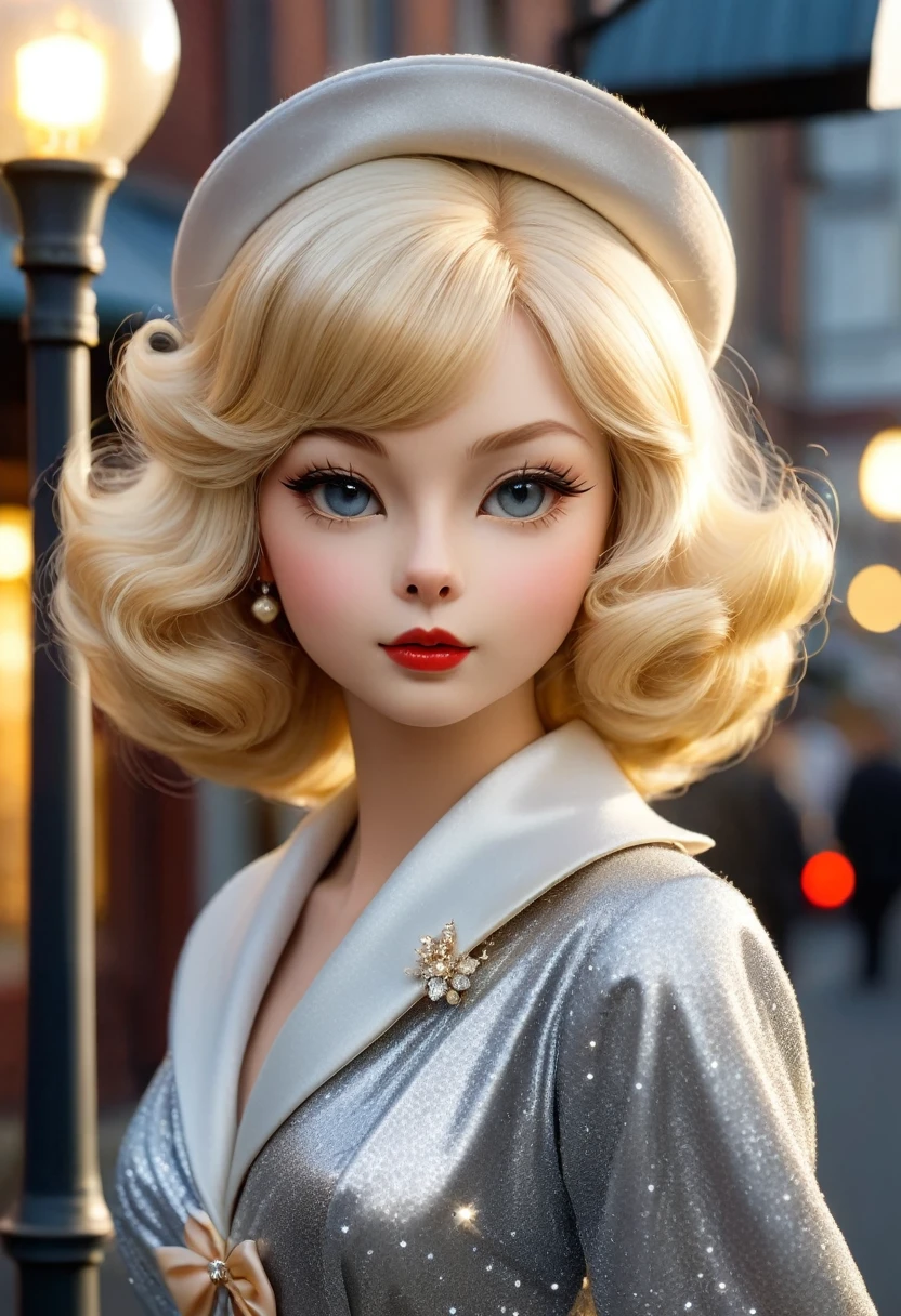 Realistic portrait of a cat in clothes - beautiful blond hair cat anthropomorphic, (Humanoid cats)マリリンモンローの様なHumanoid cats、セクシーなHumanoid cats、Stunning blonde wig with beautiful curls、青いMelancholyな瞳、Wearing a silver glitter dress1950Standing under a street lamp in an American town from the 1960s、Looking at the camera at an angle with a sidelong glance、Close-up、Highly detailed decorations,, (Melancholy),Golden Hour、Backlight、Dramatic Light(Full body image:1.5)