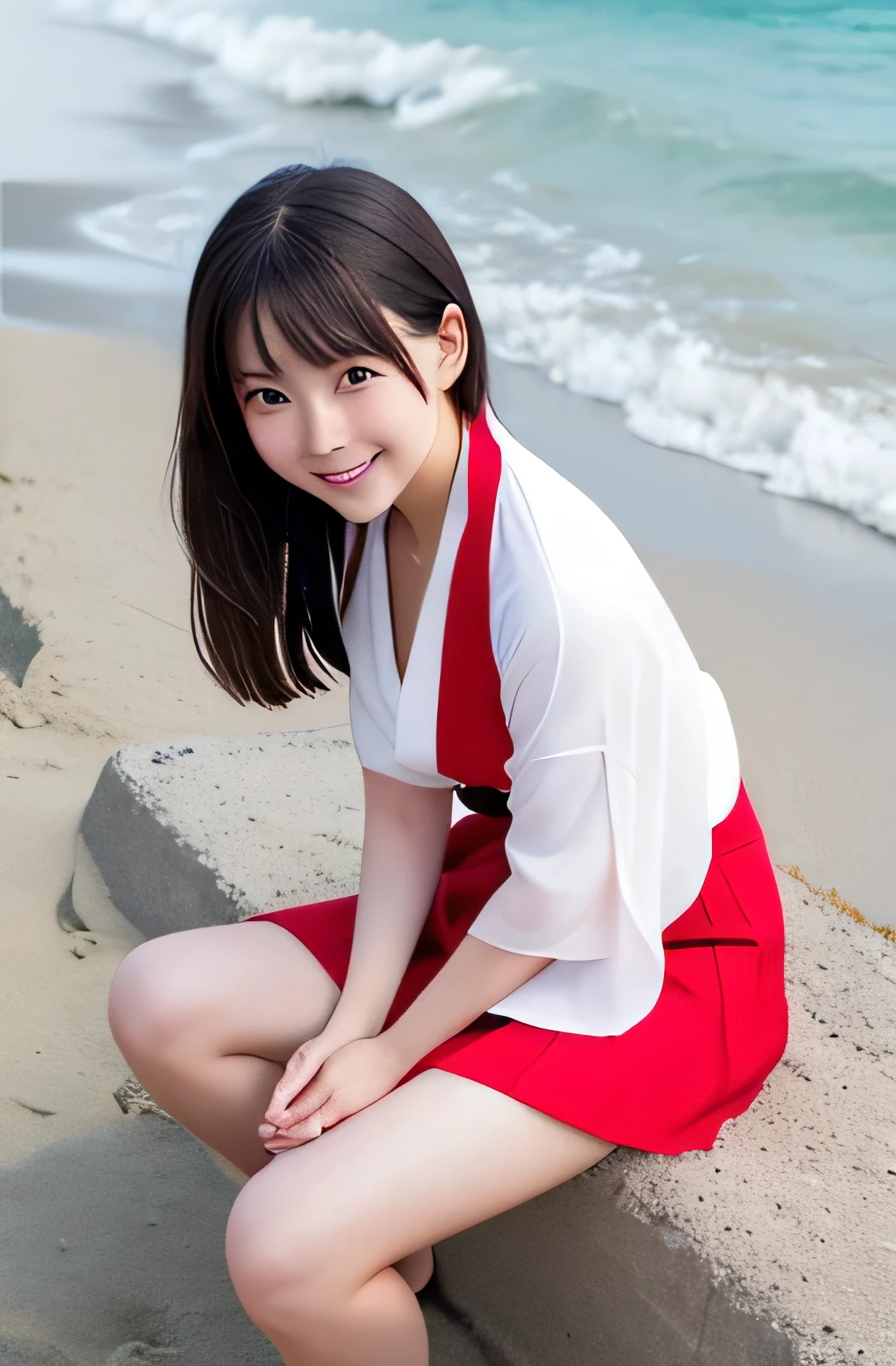 realistic photo,truly beautiful 20 year old japanese girl, wearing white kimono with no sleeves, wearing red mini skirt, smiling,see her neckline, on the beach,from above,big ,panty shot, crossing legs