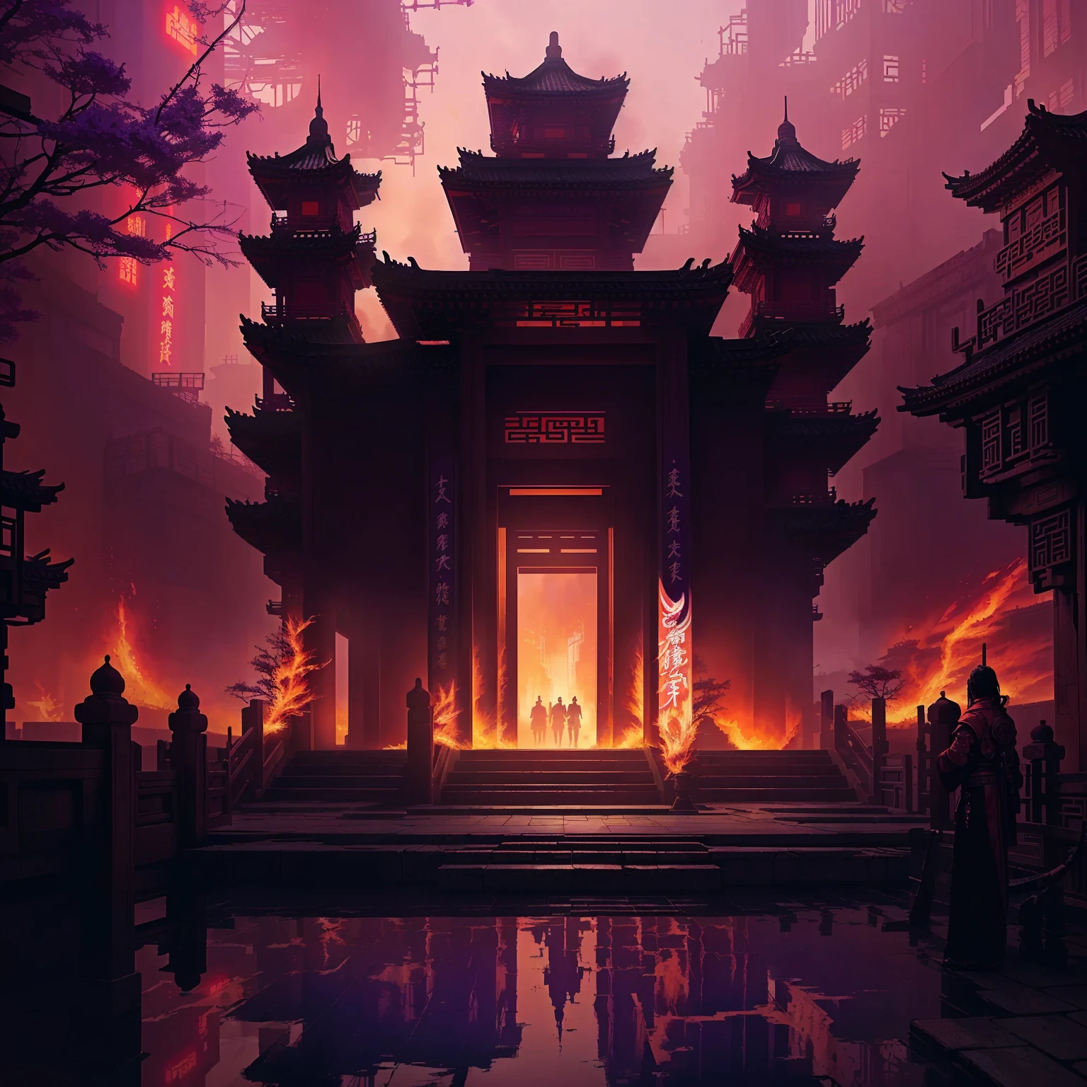 purple and red digital painting of a gate with a fire in the middle, andreas rocha style, cyberpunk chinese ancient castle, cyberpunk japanese temple, inspired by Andreas Rocha, the style of andreas rocha, arstation and beeple highly, cyberpunk temple, an ancient city on fire, mysterious temple setting, dan mumford. 8 k octane render