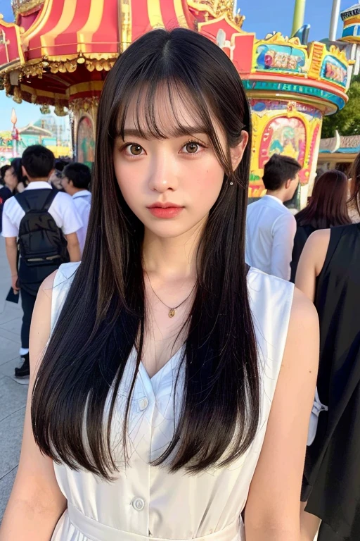 (masterpiece:1.3), (8k, Realistic, RAW Photos, Best image quality: 1.4), (Random Hairstyles:1.2)、Mid-chest、(Highly detailed face)、Attention to detail、double eyelid、(Dark Eyes)、(Sharp focus:1.2)、Beautiful woman:1.4、25 year old woman、((Black Hair))、Chest-length hair、(Sleeveless jacket)、Highest quality、masterpiece、Ultra-high resolution、(Realistic:1.4)、super high quality、Symmetrical face、The face is very realistic、Photo level、8k最高画質はフル、Sebaceous reflex、The face is very realistic、Extremely realistic skin、Realistic light and shadow effects、((Angle from waist up))、((Standing posture))、belly button、oversized dress shirt、((amusement park))