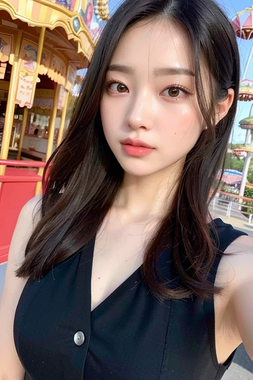 (masterpiece:1.3), (8k, Realistic, RAW Photos, Best image quality: 1.4), (Random Hairstyles:1.2)、Mid-chest、(Highly detailed face)、Attention to detail、double eyelid、(Dark Eyes)、(Sharp focus:1.2)、Beautiful woman:1.4、25 year old woman、((Black Hair))、Chest-length hair、(Sleeveless jacket)、Highest quality、masterpiece、Ultra-high resolution、(Realistic:1.4)、super high quality、Symmetrical face、The face is very realistic、Photo level、8k最高画質はフル、Sebaceous reflex、The face is very realistic、Extremely realistic skin、Realistic light and shadow effects、((Angle from waist up))、((Standing posture))、belly button、oversized dress shirt、((amusement park))