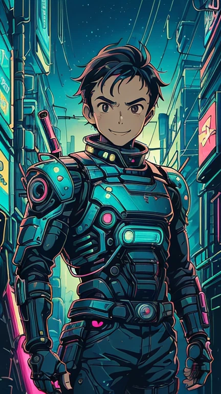 (8k),(masterpiece),(Japanese),(17-year-old boy),((CyberpunkAI)),((StudioGhibliStyleHMC art style)),From the front,upper body,Cowboy shot,smile,cute,Innocent,Kind eyes,Flat chest,Black Hair,night,dark,neon light,cyberpunk background 