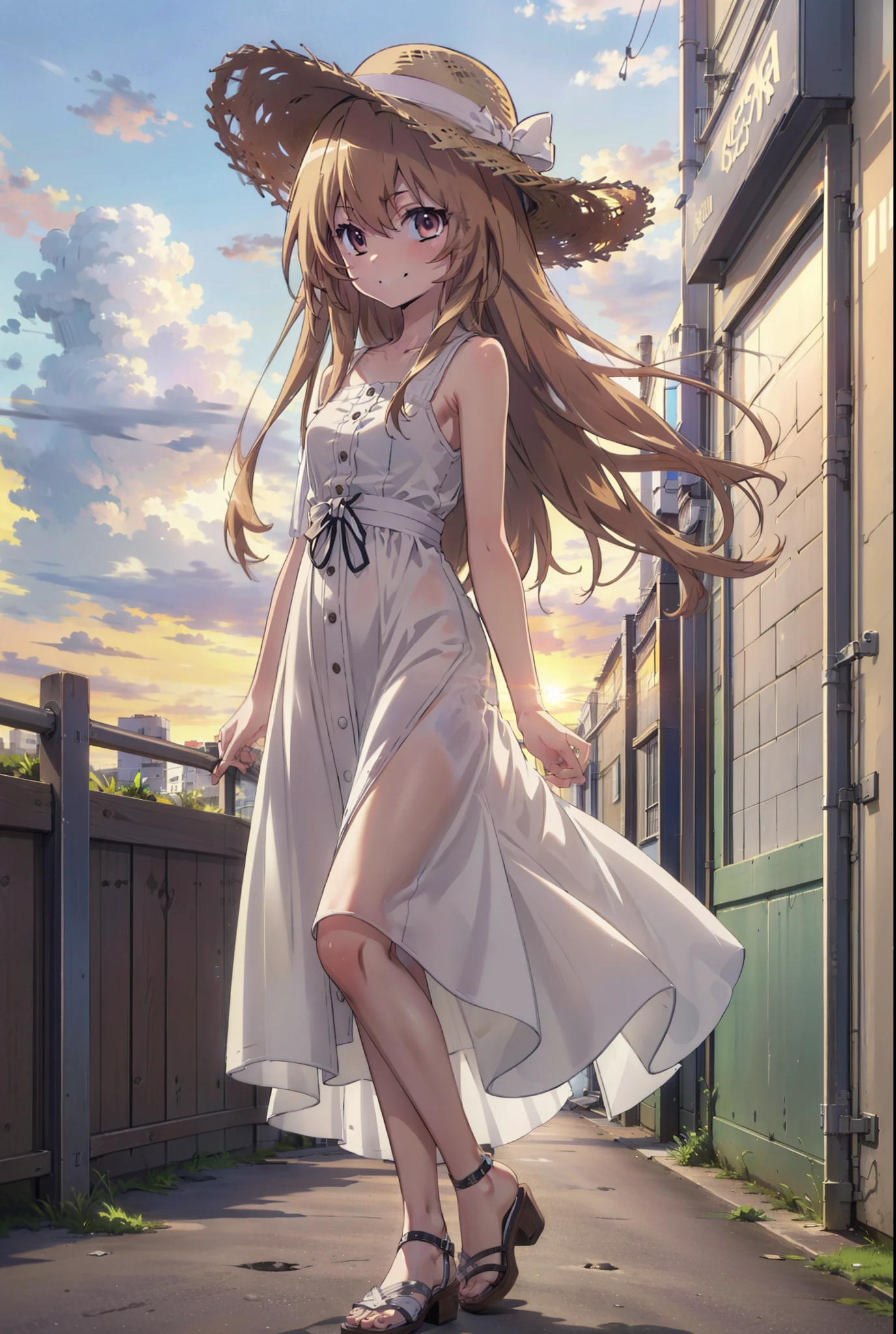 Aisaka Taiga, Aisaka Taiga, Long Hair, Brown Hair, Brown eyes,happy smile,smile, Close your mouth,Straw hat,White sleeveless dress,Long skirt,Heeled Sandals,evening,sunset,The sun is setting,whole bodyがイラストに入るように,Walking,　　　　　　　　　　　　  　　　　　break looking at viewer, whole body,　　　　　
break outdoors,Coastal Road,In town,
break (masterpiece:1.2), Highest quality, High resolution, unity 8k wallpaper, (shape:0.8), (Beautiful attention to detail:1.6), Highly detailed face, Perfect lighting, Extremely detailed CG, (Perfect hands, Perfect Anatomy),