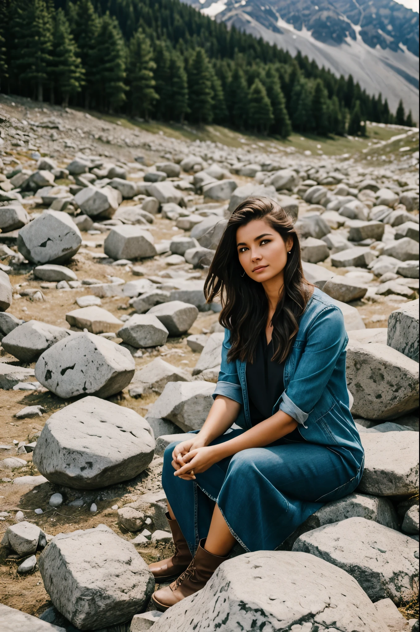 A woman sits with a mountain of stones moving on her shoulders and not falling 