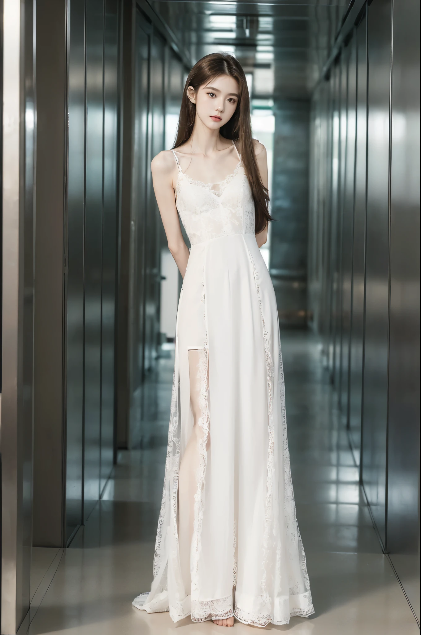 (((best quality))),(((ultra detailed))),(((masterpiece))),illustration,((1 beautiful girl,solo)),(neat medium straight hair:1.2),((slim,thin)),((small breasts,flat chest)),(white lace pajama dress:1.3),((fair skin)),(slender legs:1.2),(standing:1.3),(arms behind back:1.3),(in elavator:1.5),((from front,full body)),((enclosed space with metal walls))