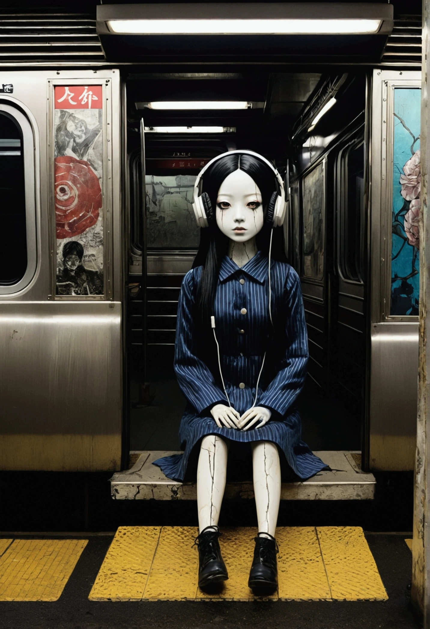 An empty subway platform、dark、darkness、Japanese doll with a cracked face、Headphones、Painting:Junji Ito