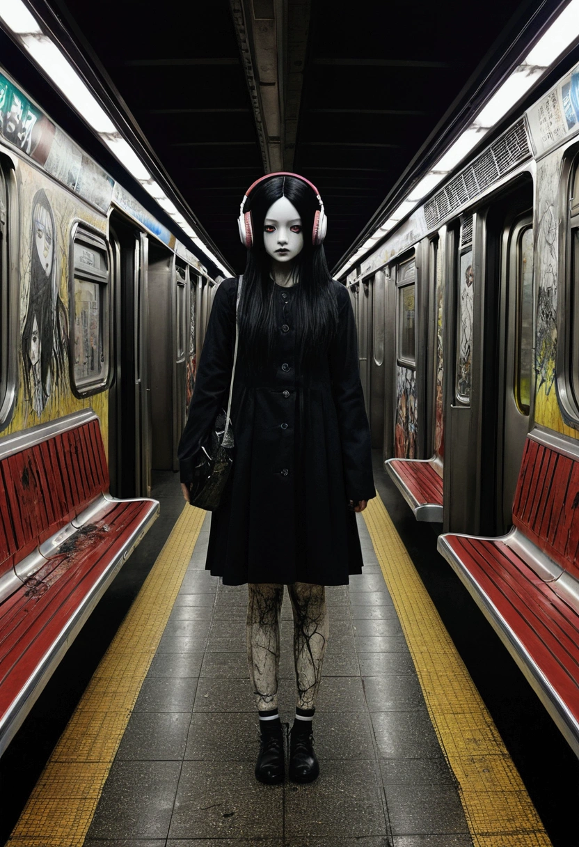An empty subway platform、dark、darkness、Japanese doll with a cracked face、Headphones、Painting:Junji Ito