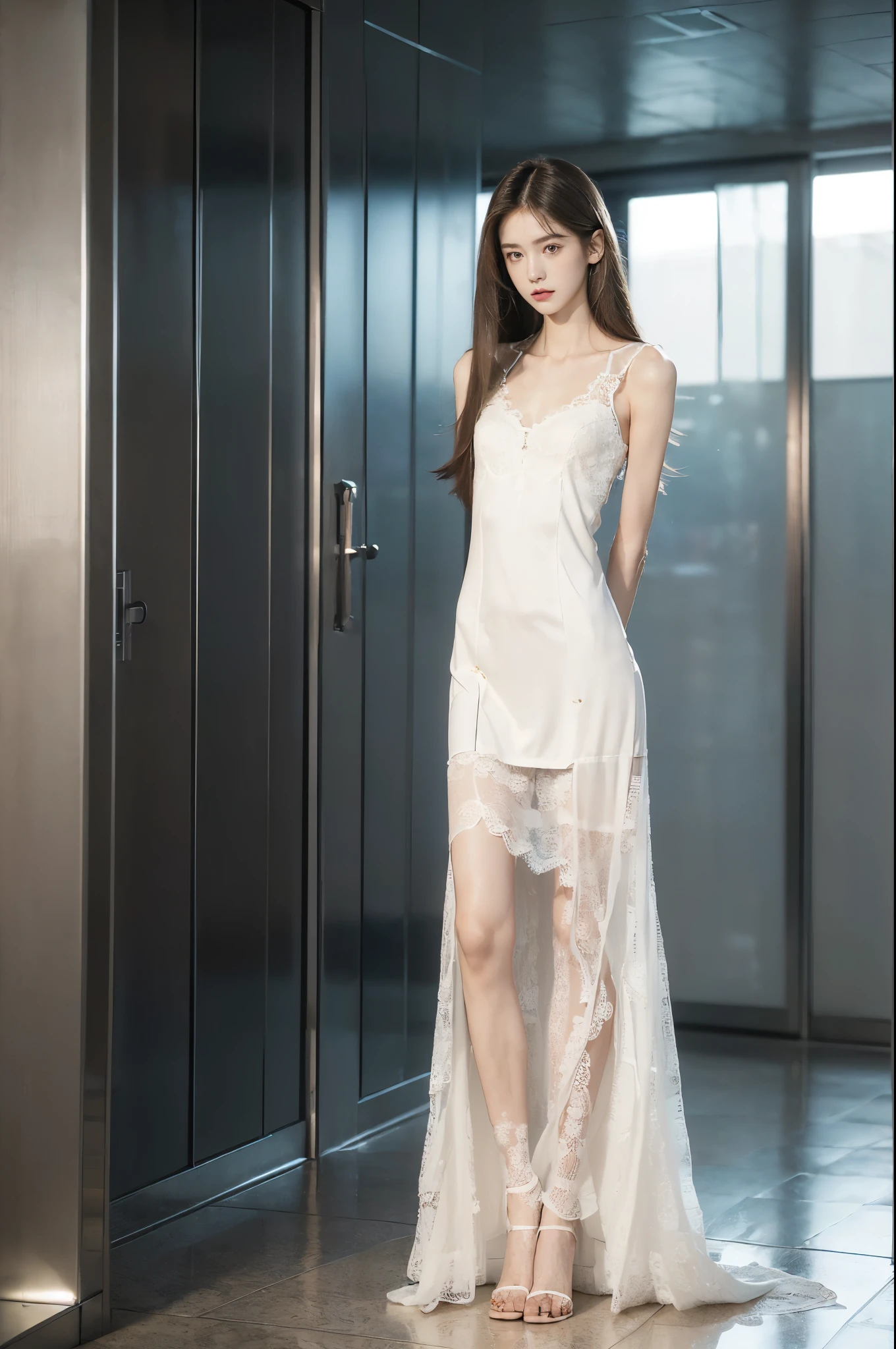 (((best quality))),(((ultra detailed))),(((masterpiece))),illustration,((1 beautiful girl,solo)),(neat medium straight hair:1.2),((slim,thin)),((small breasts,flat chest)),(white lace pajama dress:1.3),((fair skin)),(slender legs:1.2),(standing:1.3),(arms behind back:1.3),(in elavator:1.5),((from front,full body)),((enclosed space with metal walls))