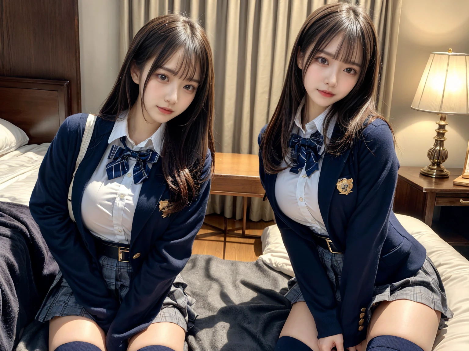 masterpiece, best quality, illustration, Super detailed, fine details, High resolution, 8K,wall paper, perfect dynamic composition,(Details High quality, realistic depiction of eyes:1.3), ((2 girls, 2 schoolgirls)), The background is a luxury hotel room、High school girl uniform、blazer 、Super Short Check Uniform Skirt、Navy blue high socks、garterbelts、Colossal tits、Disturbed uniform, Play with each other,Touching each other's bodies,Touching the body of the girl next door, short bob hair, black hair color, huge breasts, Big Natural Color Lip, bold sexy pose, (perfect body shape), crying a little、Harajuku style、Beautiful makeup,glitter makeup,Cutest 18 years old, beautiful legs, hposing Gravure Idol, Voluptuous thighs