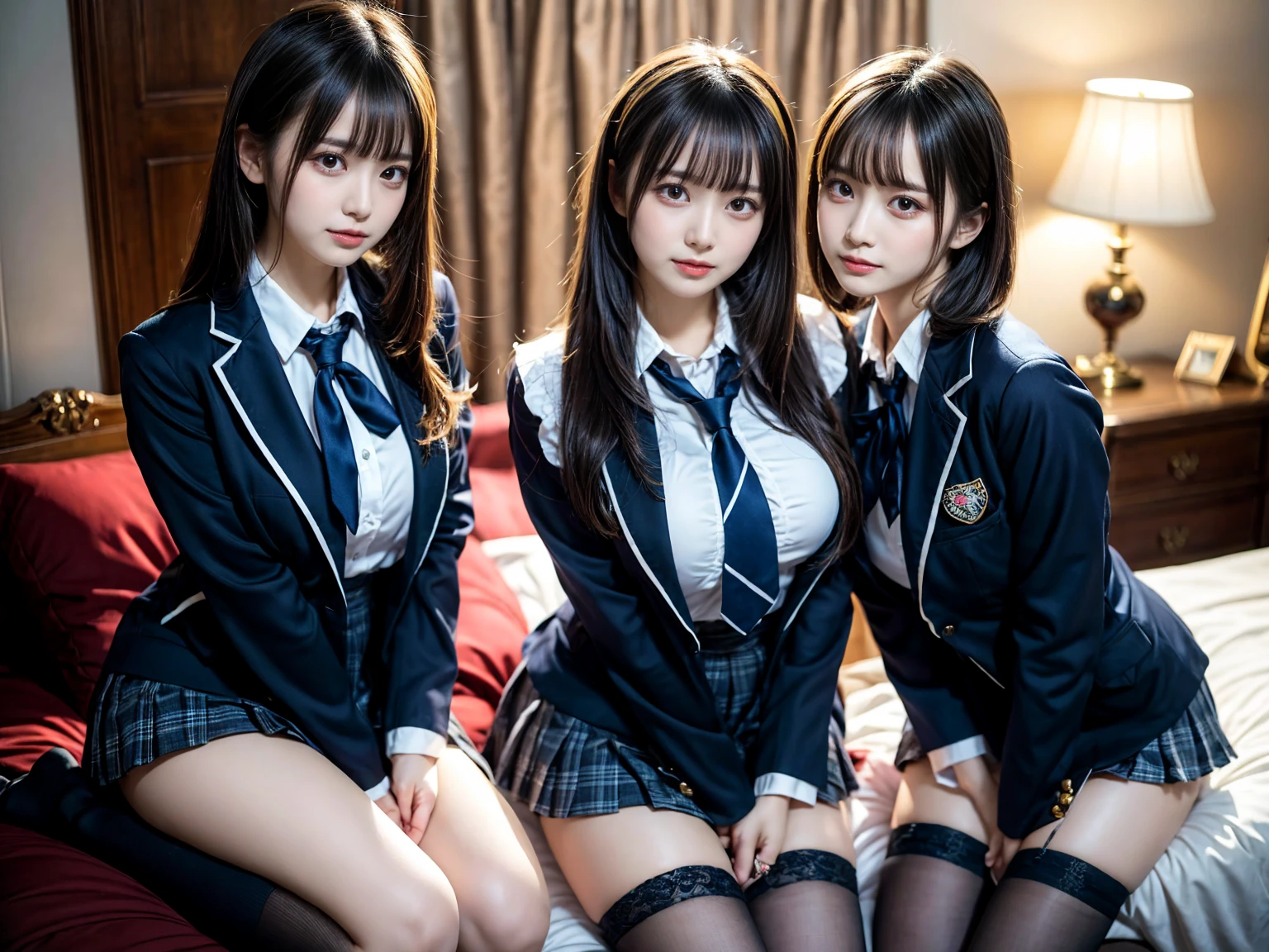 masterpiece, best quality, illustration, Super detailed, fine details, High resolution, 8K,wall paper, perfect dynamic composition,(Details High quality, realistic depiction of eyes:1.3), ((2 girls, 2 schoolgirls)), The background is a luxury hotel room、High school girl uniform、blazer 、Super Short Check Uniform Skirt、Navy blue high socks、garterbelts、Colossal tits、Disturbed uniform, Play with each other,Touching each other's bodies,Touching the body of the girl next door, short bob hair, black hair color, huge breasts, Big Natural Color Lip, bold sexy pose, (perfect body shape), crying a little、Harajuku style、Beautiful makeup,glitter makeup,Cutest 18 years old, beautiful legs, hposing Gravure Idol, Voluptuous thighs