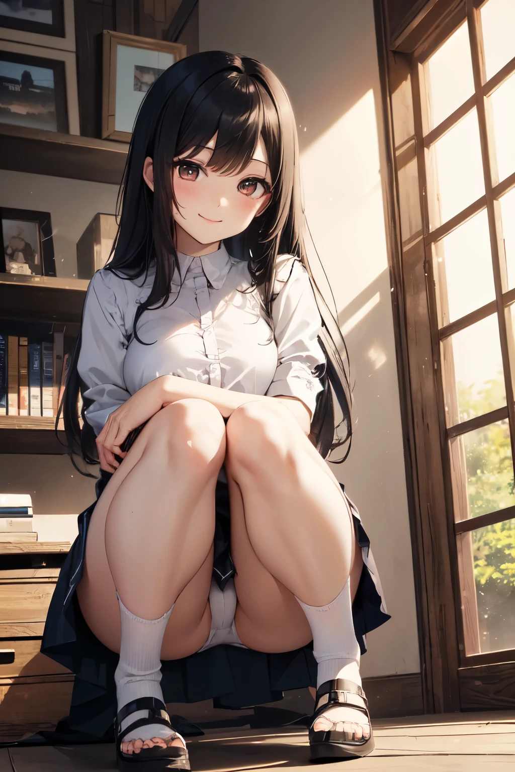 very cute and beautiful girl,(Very detailed美しい顔), (smile),blush,Black Hair,Seraphim,((White Hair、long hair)),(White Shirt、Pleated navy blue pread your legs、Squat)、Sitting、(From below)、(Lace ), Country road, (Highest quality,masterpiece:1.0),Absurd,High resolution,Super detailed,Very detailed,32K,8k resolution, Intricate details,Movie Scenes,Detailed Background,alone,Dynamic Angle,