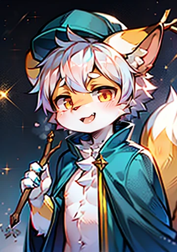 Furry ears,Fluffy tail,Hairy body,fox,Blue trendy cap,Lively,Cheerful,Stick out your tongue,Orange pupils,cute,Starlight Cloak,One eye closed,medium body shape,White hair,masterpiece,high quality,Playful,boy,Shota,cute的boy子,Exquisite eyes,Grandmaster