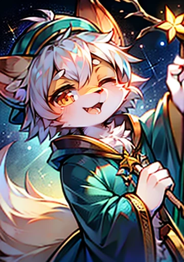 Furry ears，Fluffy tail，Hairy body，fox，Blue trendy cap，Lively，Cheerful，Stick out your tongue，Orange pupils，cute，Starlight Cloak，One eye closed，medium body shape，White hair，masterpiece，high quality，Playful，boy，Shota，cute的boy子，Exquisite eyes，Grandmaster