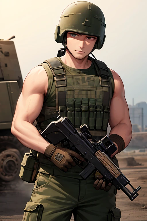 male, tank operator, wearing tank operator helmet, wasteland background