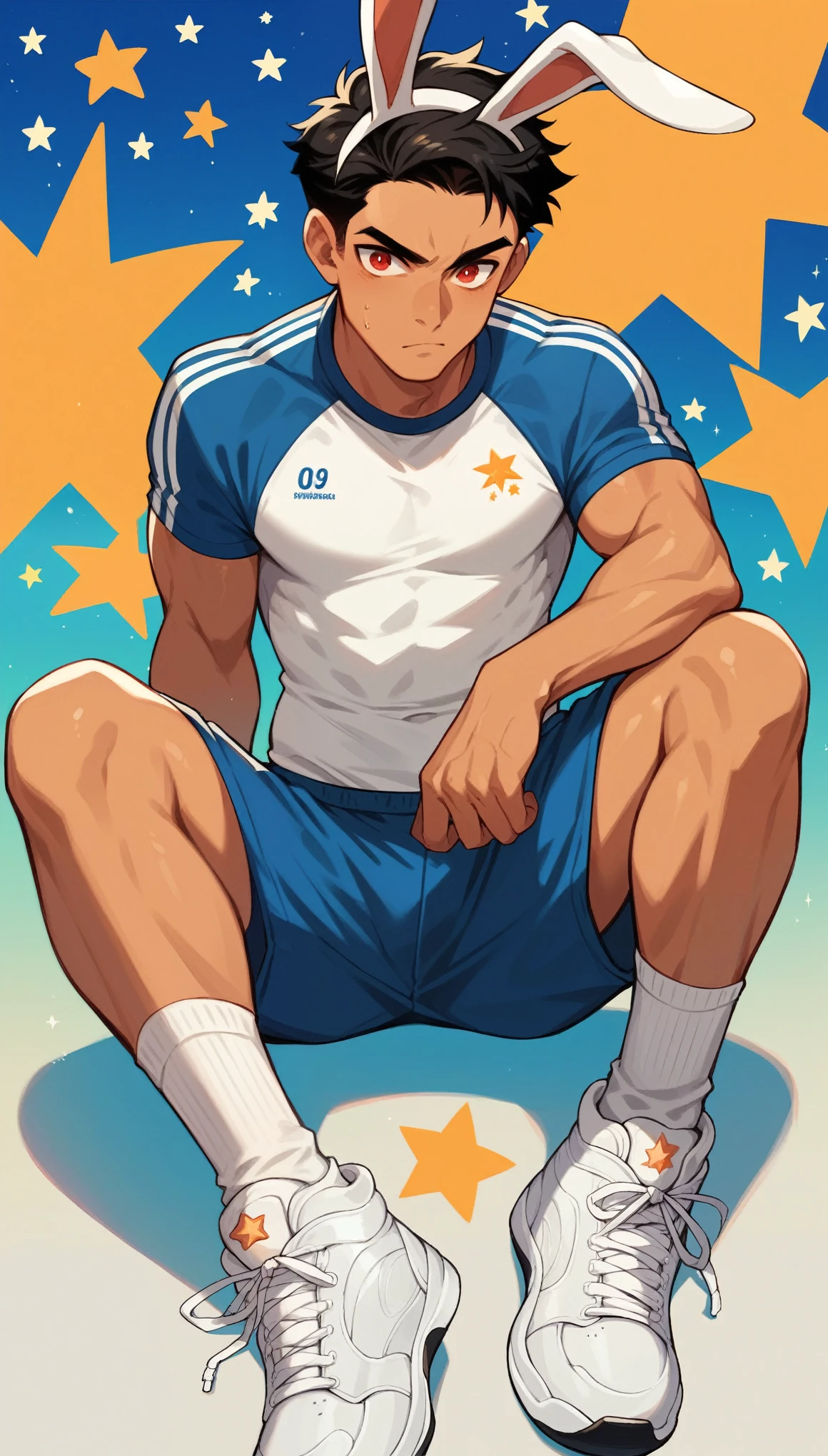 Handsome boy,Black Hair,Sunburned skin,Rabbit ears,Sportswear,Slim body,Sitting on a meteorite,He has a pair of warm red eyes,Stars background,White socks,White sneakers