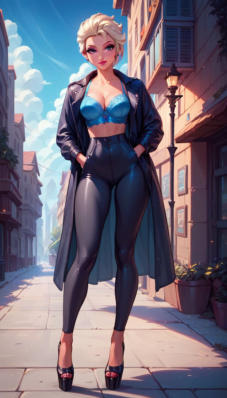 score_9, score_8_up, score_7_up, score_6_up, elsa, short hair, blue bra, black skin tight trousers with pockets, platform heels, cinematic lighting,, looking at viewer, city background, (masterpiece, best quality, highly detailed, beautiful),