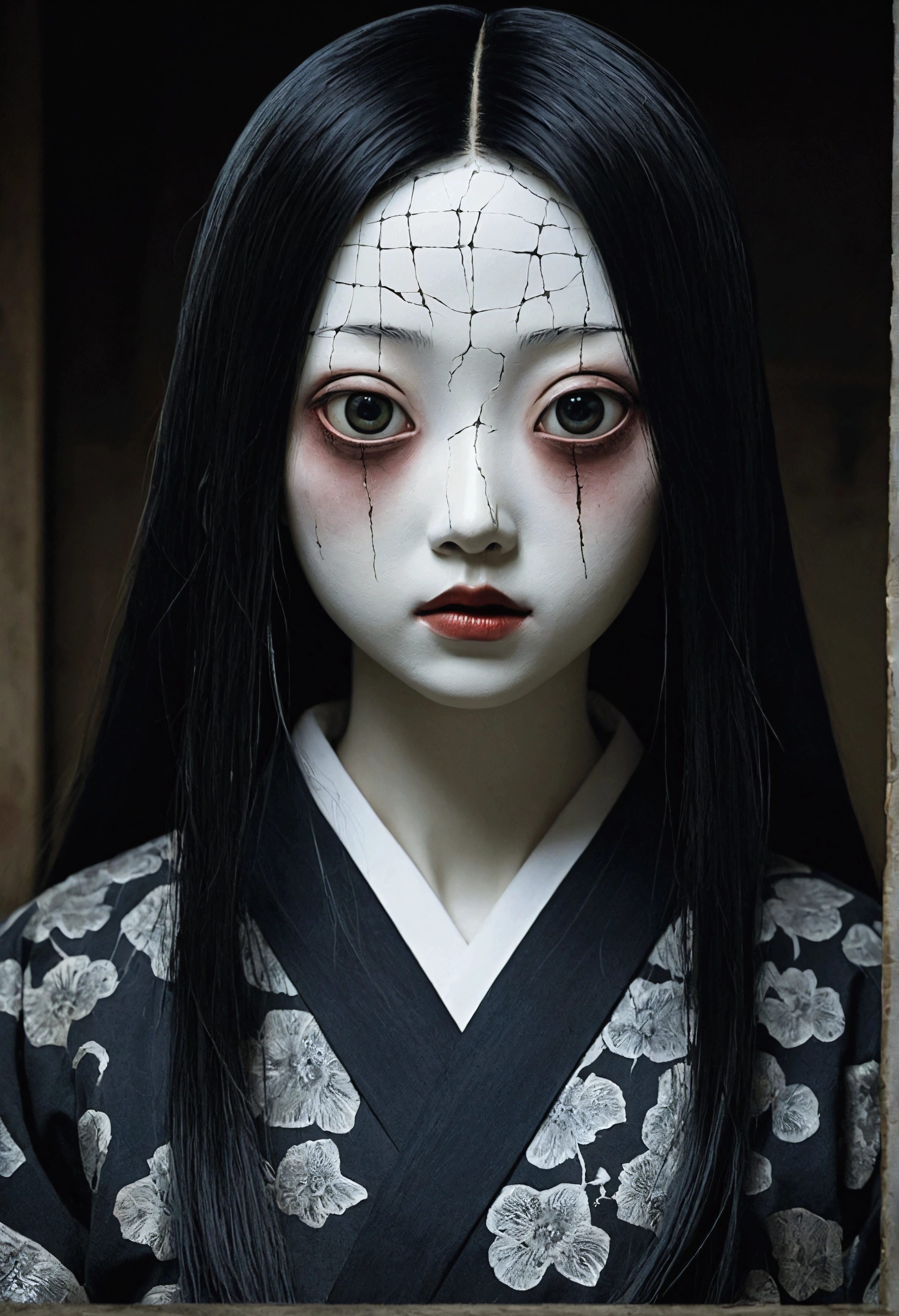 Zashiki Prison、dark、darkness、Japanese doll with a cracked face、Painting:Junji Ito
