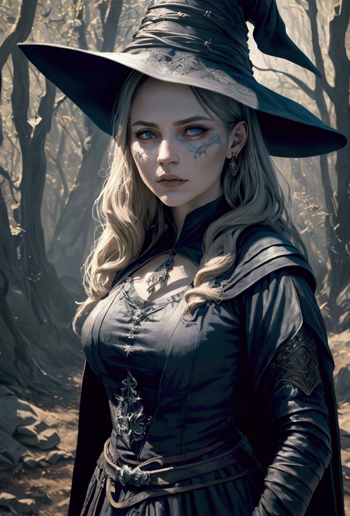 a girl in a medieval environment, witch dress, long black dress, witch hat, blue aura radiating from her body, (best quality,4k,8k,highres,masterpiece:1.2),ultra-detailed,(realistic,photorealistic,photo-realistic:1.37),1girl,portrait,fantasy,magic,dark fantasy,halloween,dramatic lighting,cinematic lighting,chiaroscuro,dramatic shadows,moody,mystical,occult,supernatural