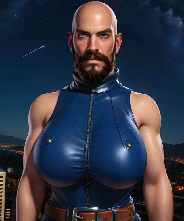 old man,bald, mustache, big mustache, beard, big beard,blue eyes, huge breast,
blue bodysuit,belt,sleeveless,zipper,fingerless gloves,
standing,upper body,
night sky,stars,city.,
(insanely detailed, beautiful detailed face, masterpiece, best quality), (solo), 